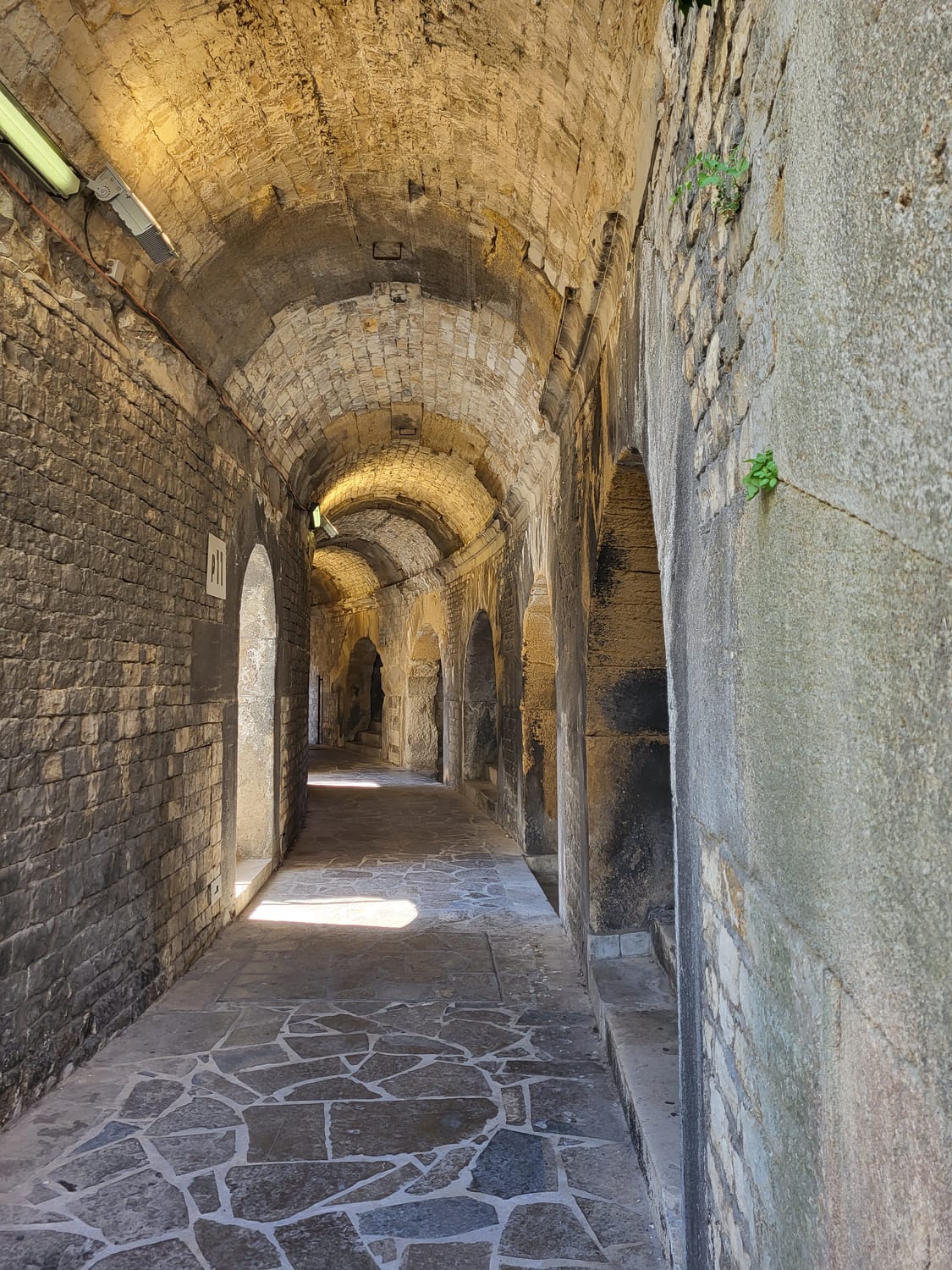 une galerie annulaire couverte des Arènes de Nîmes, avec sa voûte en berceau et la lumière qui entre par les ouvertures latérales