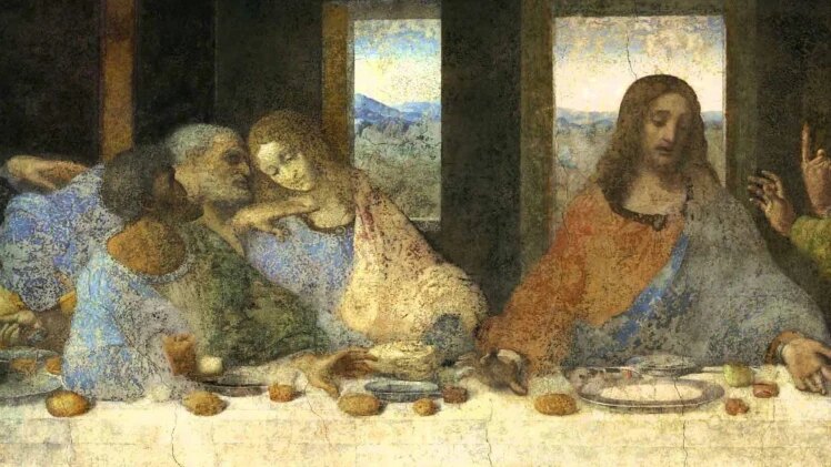 la figura di Cristo nell’Ultima Cena con la superficie pittorica fortemente consumata