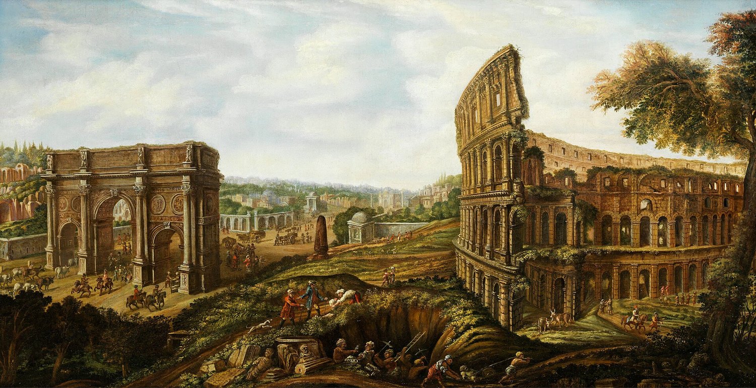veduta dipinta del Colosseo nell’Ottocento, invaso dalla vegetazione, con l’arco di Costantino a sinistra e scavi in primo piano