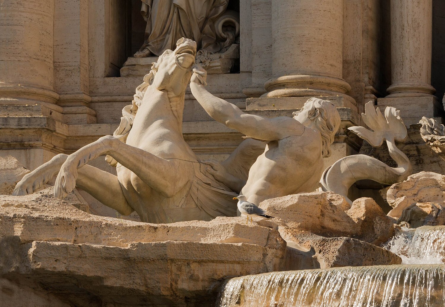 dettaglio della scogliera di travertino della Fontana di Trevi con un tritone e un cavallo marino che s’impenna