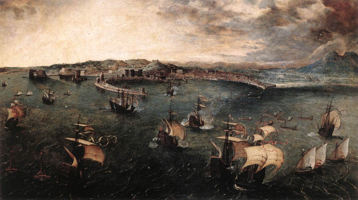 Pieter Bruegel the Elder’s Naval Battle in the Gulf of Naples, with the ships in a circle in the bay and Vesuvius beyond