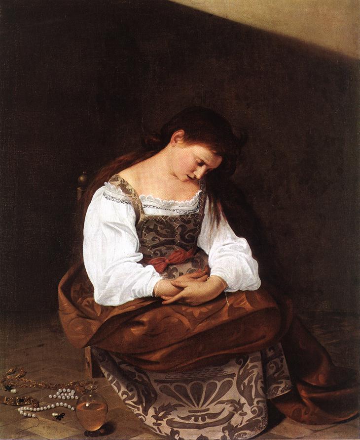 Caravaggio’s Penitent Magdalene, a young woman seated with her head tilted and jewels discarded on the floor
