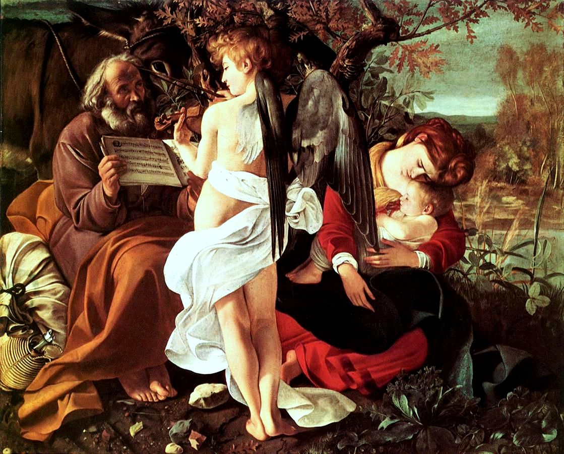 Caravaggio’s Rest on the Flight into Egypt, with the angel seen from behind playing the violin between Joseph and the sleeping Virgin