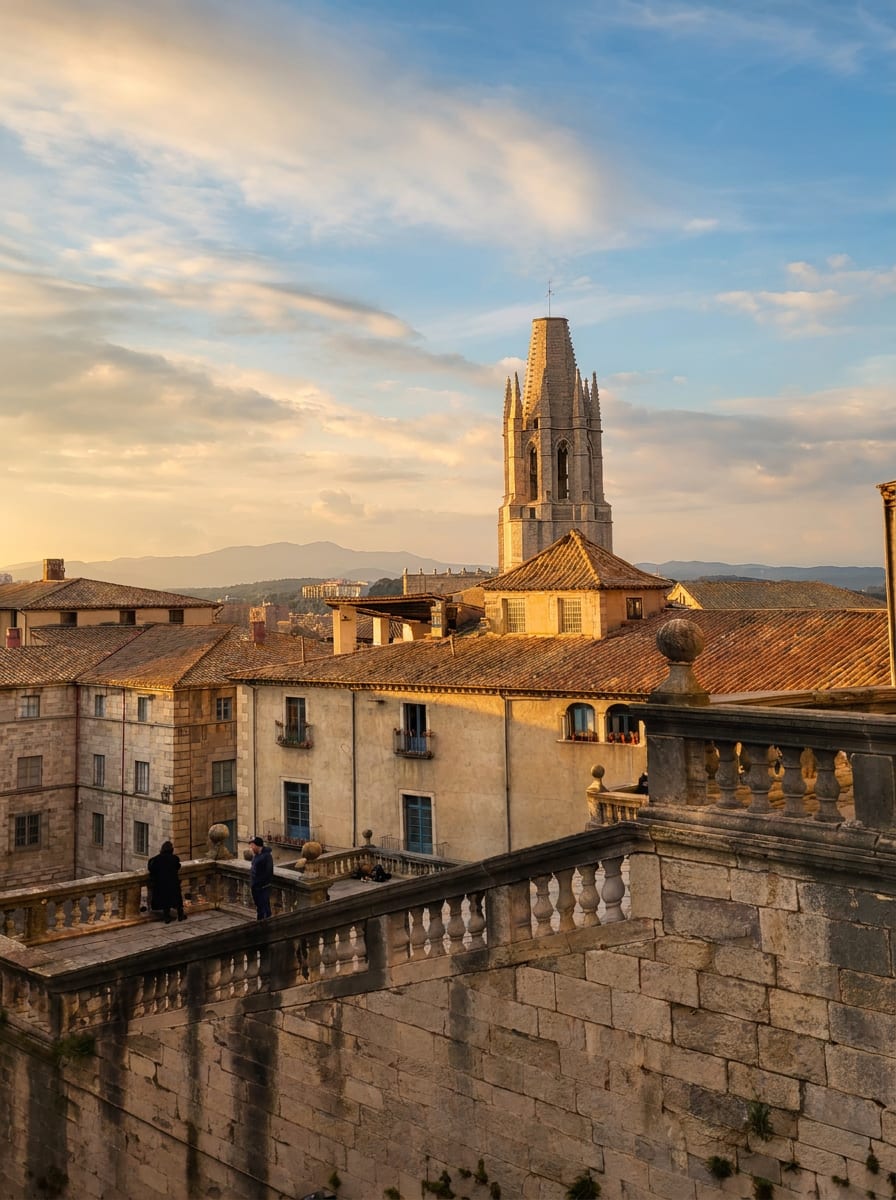 i tetti in coppi del Barri Vell di Girona e il campanile di Sant Feliu visti dalle mura al tramonto