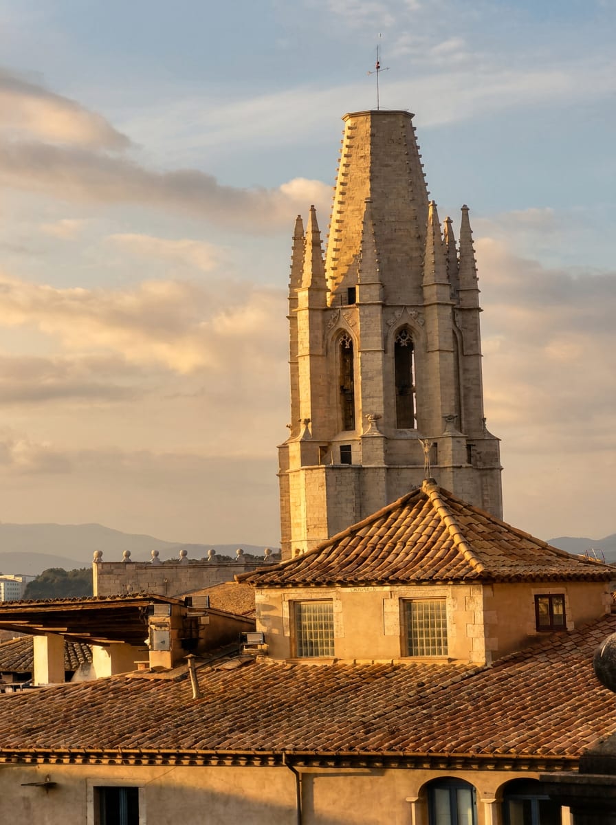 il campanile gotico di Sant Feliu a Girona con la guglia centrale tronca e le guglie laterali, sopra i tetti in coppi