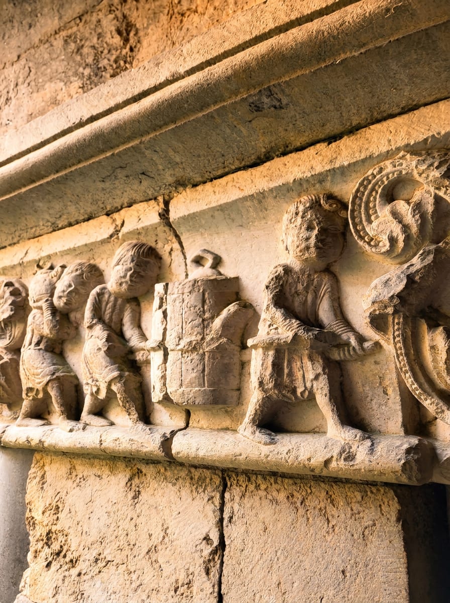capitello romanico istoriato nel chiostro della cattedrale di Girona con figure scolpite che trasportano un peso