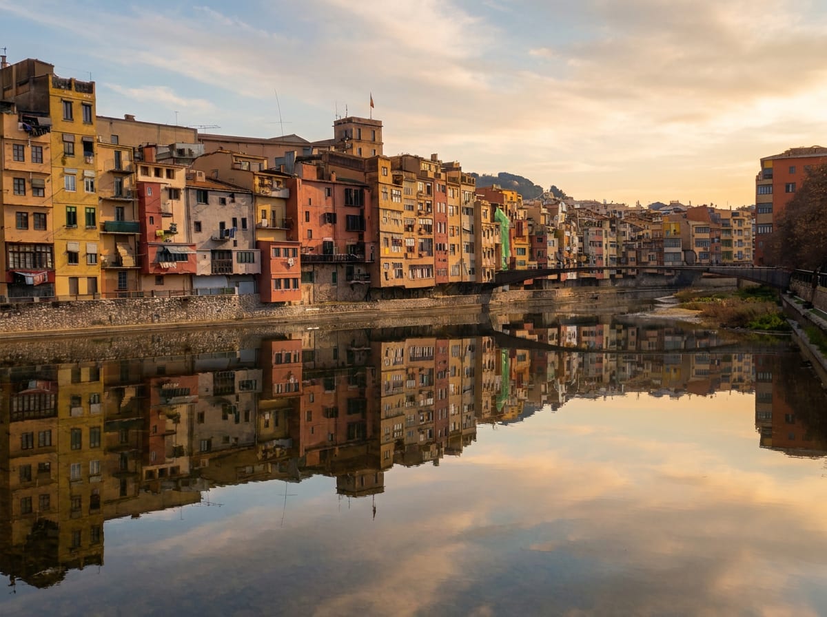 le case colorate affacciate sul fiume Onyar a Girona riflesse nell’acqua al tramonto
