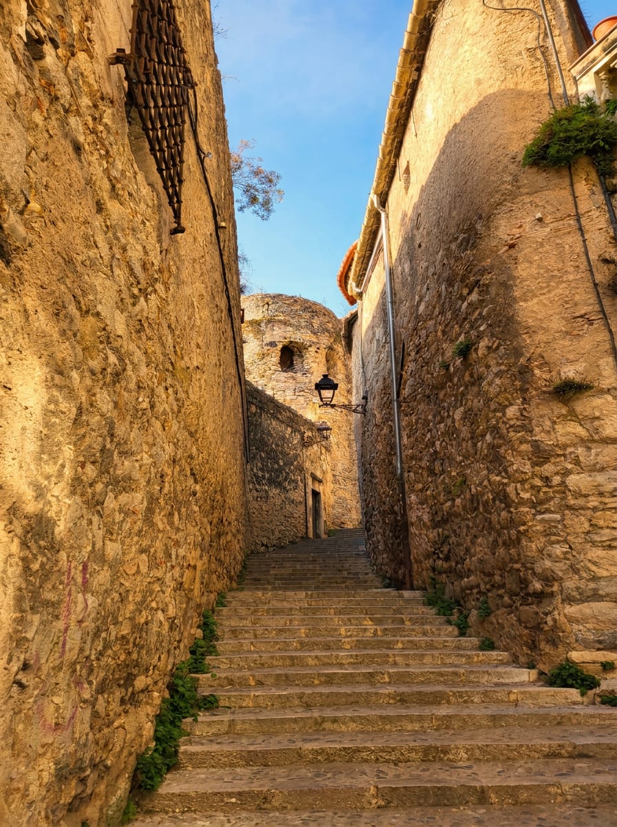 una scalinata di pietra nel Barri Vell di Girona che sale tra i muri antichi verso una torre delle mura