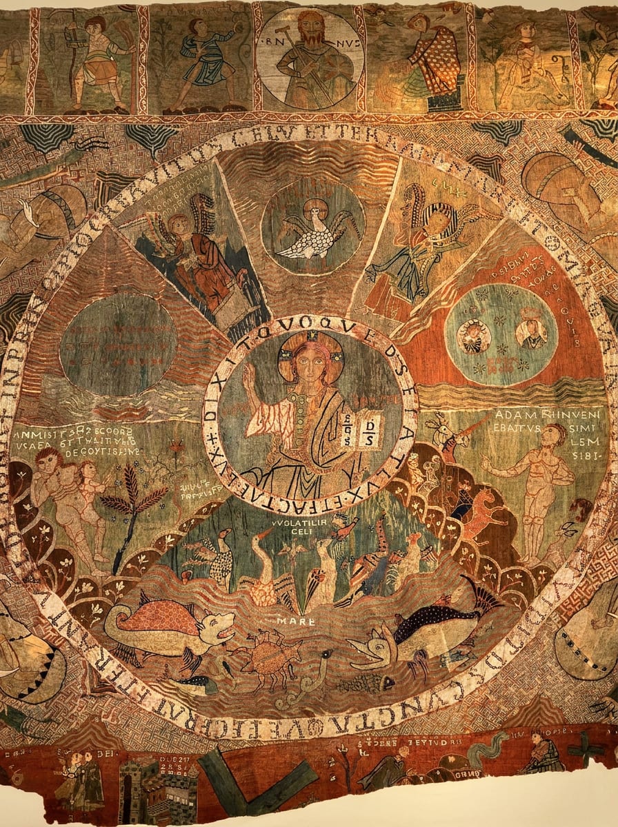 il Tapís de la Creació, ricamo romanico con il Cristo Pantocratore al centro e le scene della Genesi disposte in cerchio