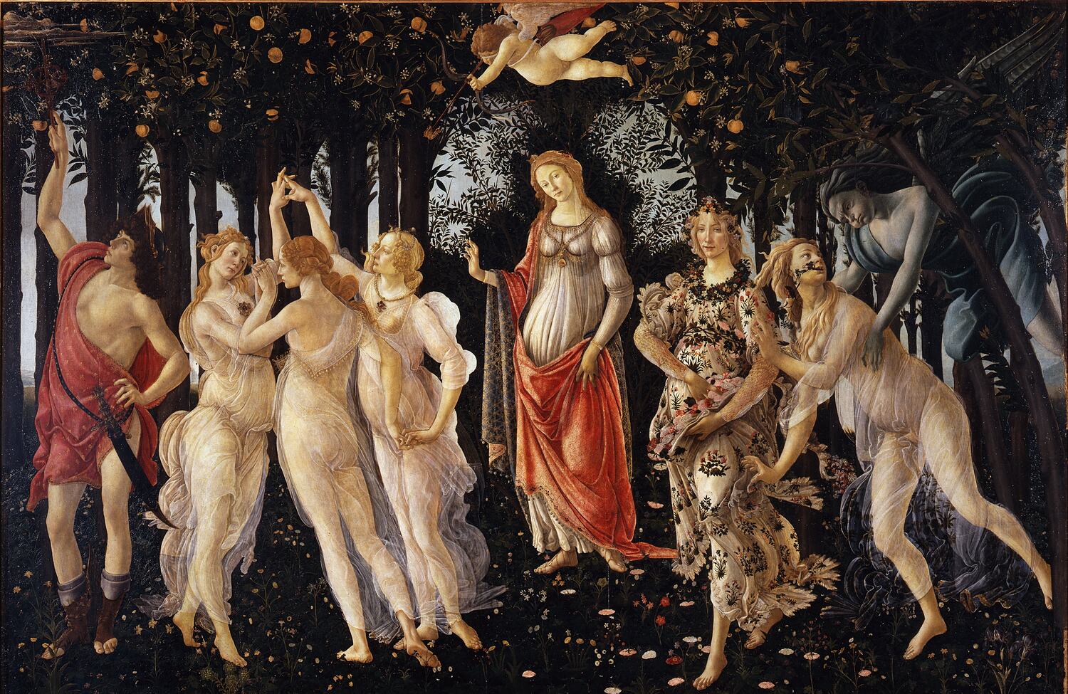la primavera di sandro botticelli, con venere al centro del prato fiorito e le tre grazie che danzano