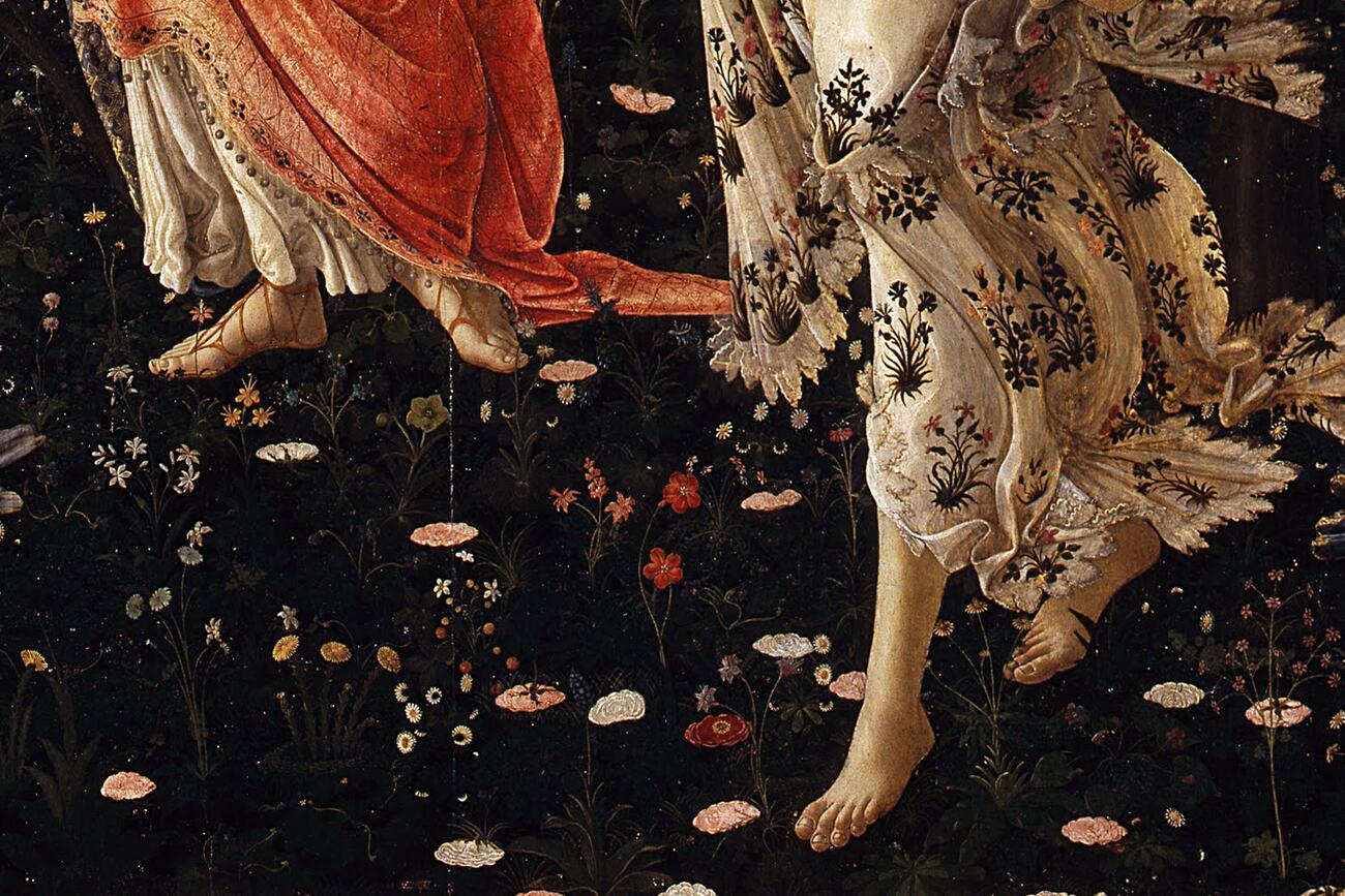 il prato fiorito della primavera di botticelli, con le specie botaniche dipinte una per una