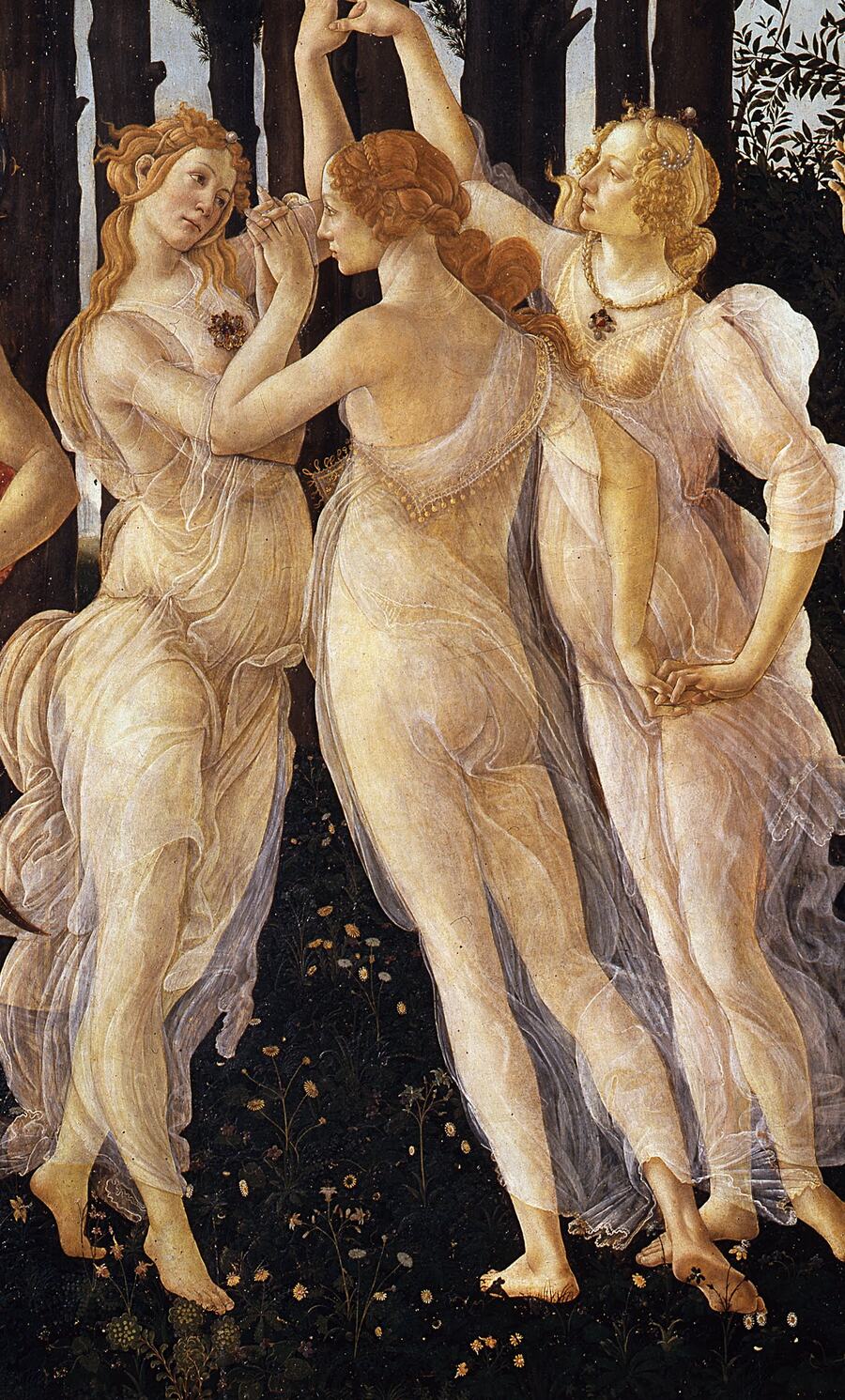 le tre grazie della primavera di botticelli, con le dita intrecciate nella danza