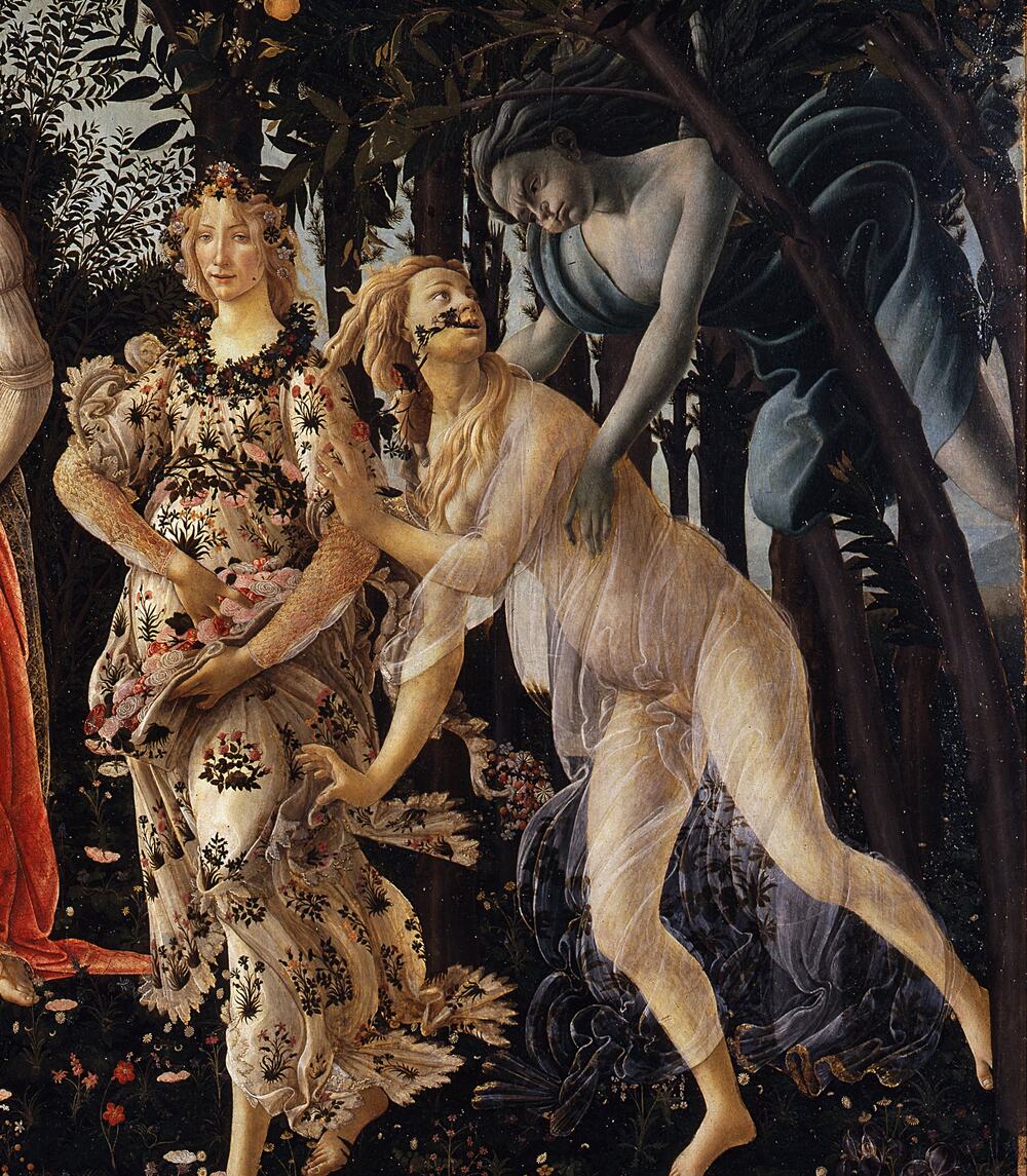 zefiro che afferra la ninfa clori e la trasforma in flora, dettaglio della primavera di botticelli
