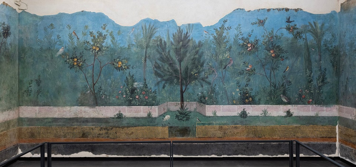 los frescos del jardín pintado de la Villa de Livia en Prima Porta, con el seto en primer plano y el bosque de árboles frutales
