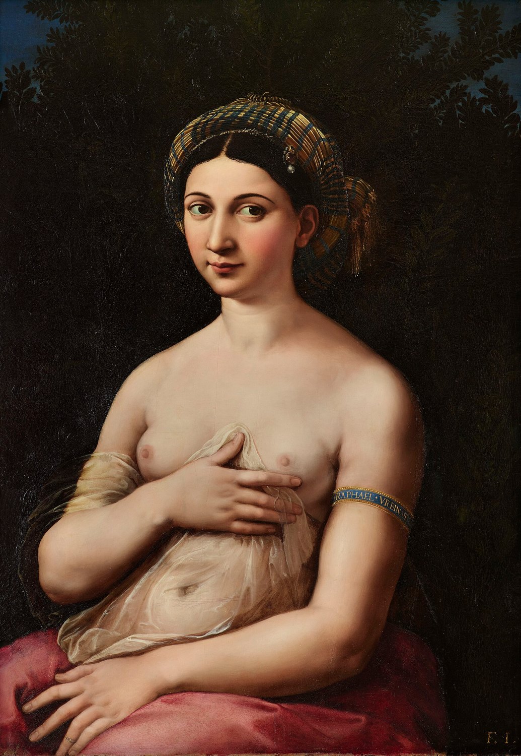 La Fornarina de Rafael, retrato de mujer con turbante y brazalete con la firma del artista
