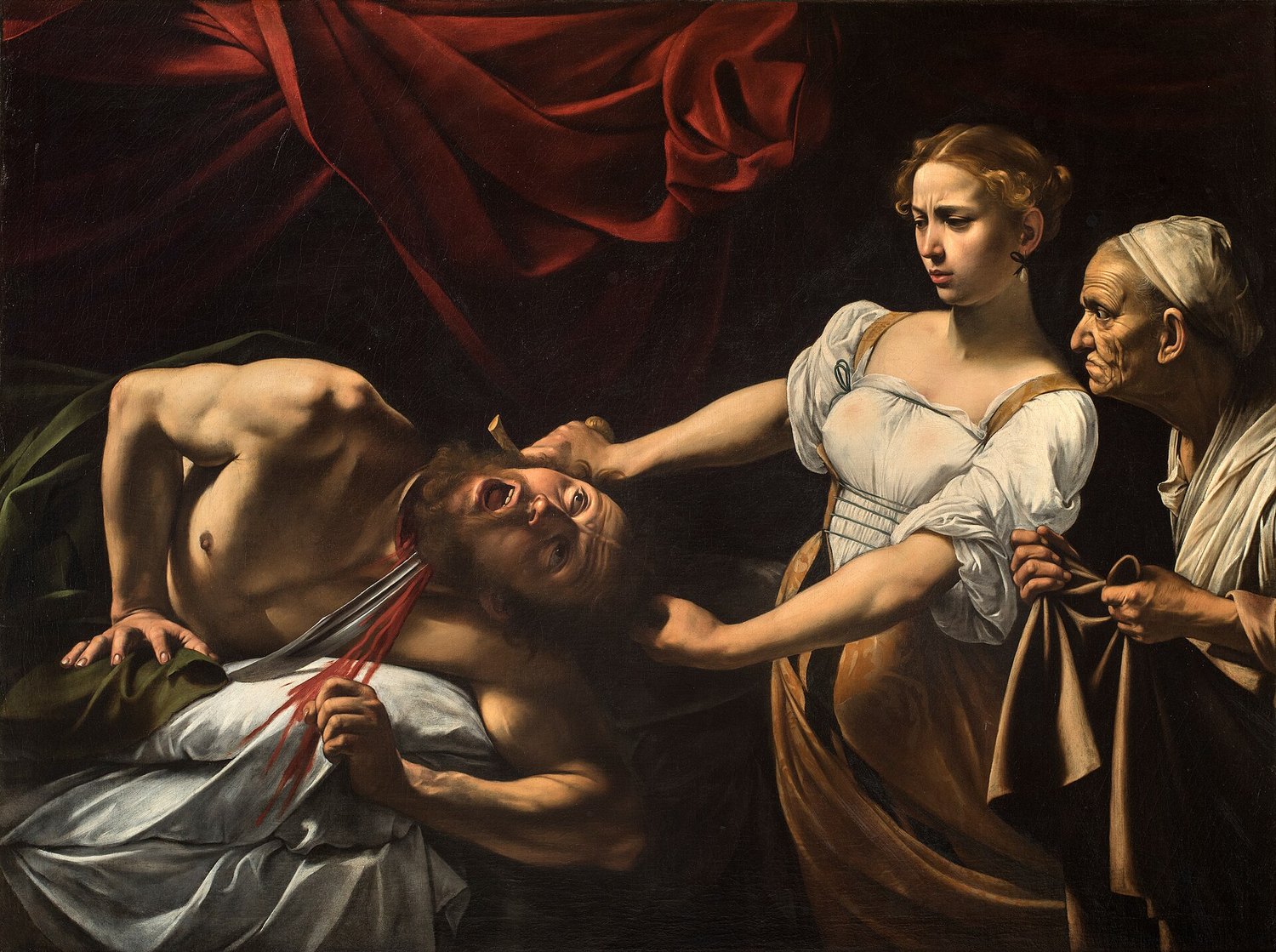 la Judit decapitando a Holofernes de Caravaggio, con la hoja ya en el cuello y la criada mirando