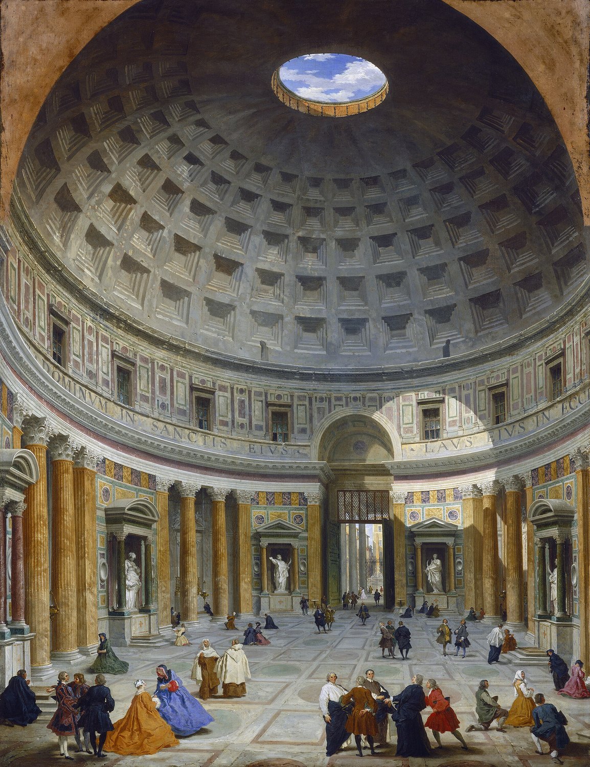 l’interno del Pantheon dipinto da Giovanni Paolo Panini nel Settecento, con la luce che scende dall’oculo sul pavimento