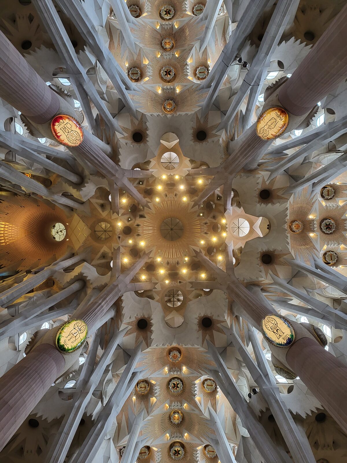 la bóveda de la Sagrada Família vista desde abajo, con las columnas ramificándose y los lucernarios dorados del crucero