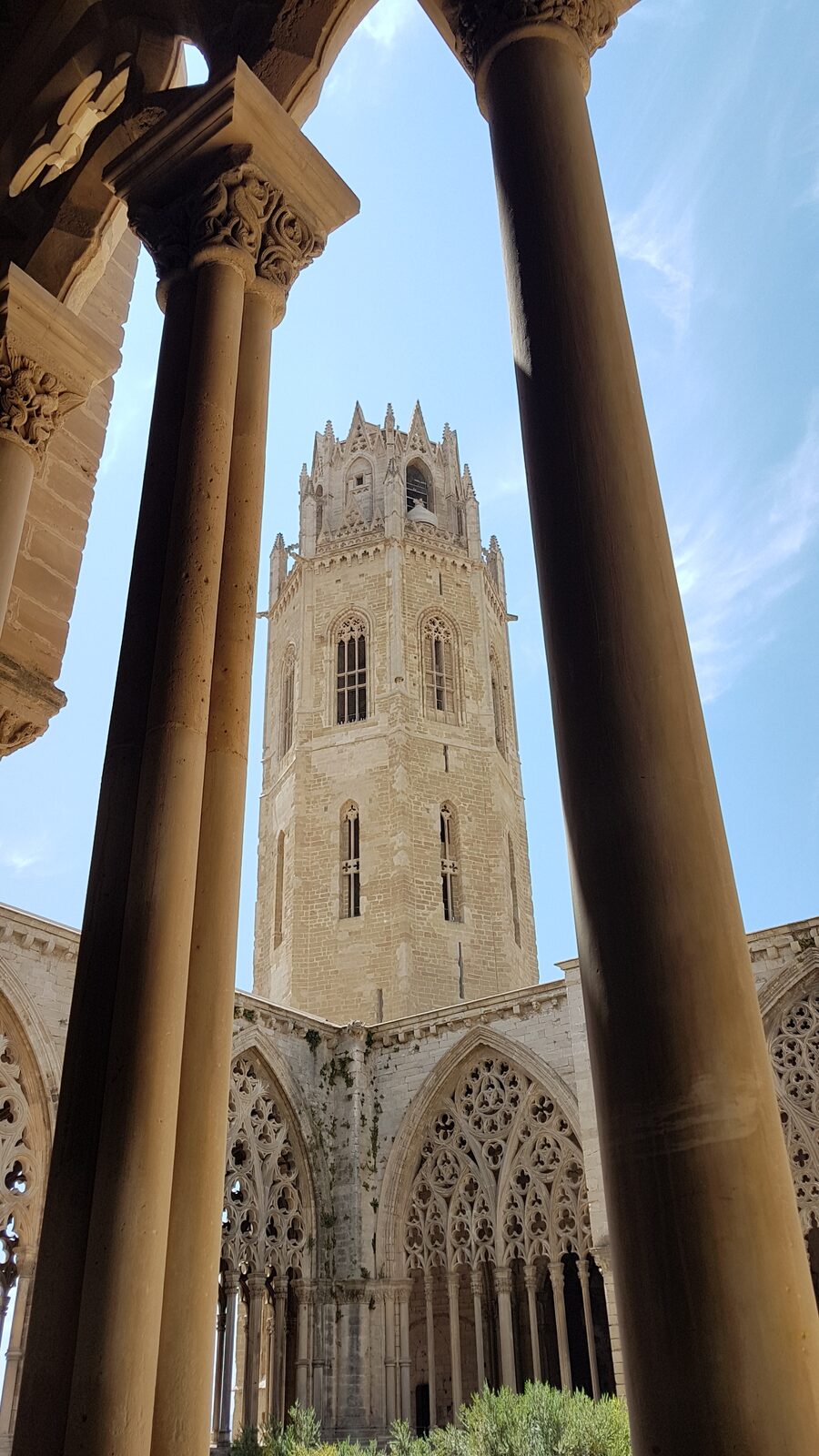 el campanario octogonal de la Seu Vella de Lleida visto desde el claustro, entre dos columnas y sobre las arcadas caladas