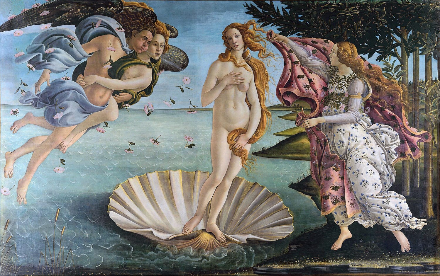 la nascita di venere di sandro botticelli, con la dea in piedi sulla conchiglia