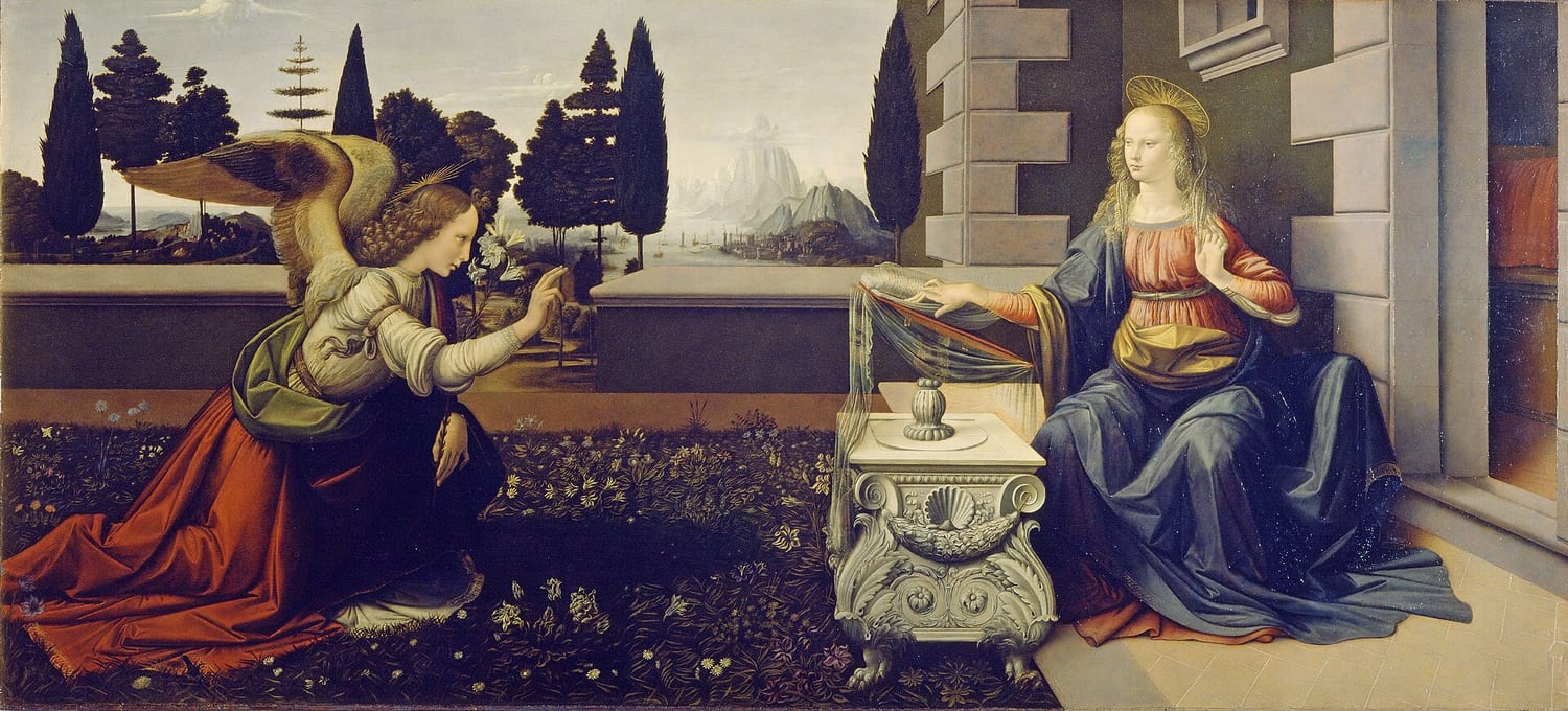l’annunciazione di leonardo da vinci, con l’angelo inginocchiato nel giardino