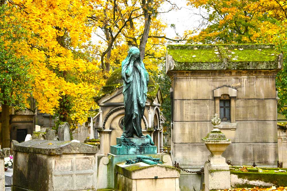 a tree-lined avenue of the Père-Lachaise cemetery in Paris
